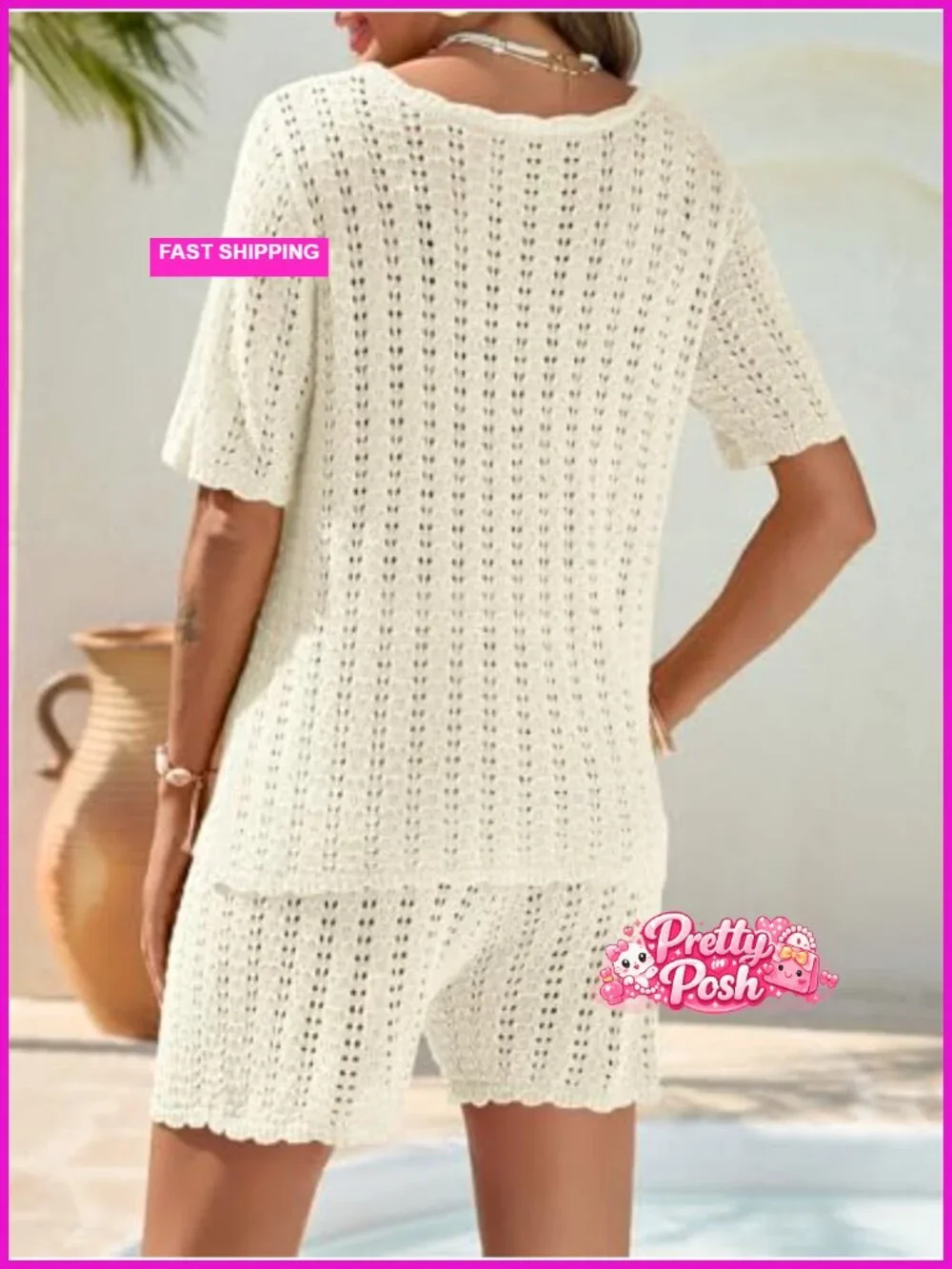 Women Crochet Knit 2 Piece Swimsuit Cover Up Short Sleeve Top & Shorts Set